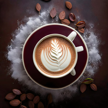 Spicy Coffee Cup, Warming Dark Coffee Mug on Black Table Top View Flat Lay, Autumn Spicy Drink, Abstract Generative AI Illustrationの素材