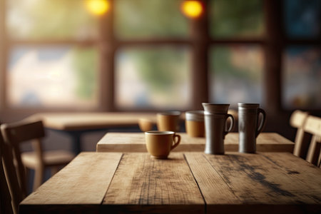 Wild West Wood Table on Blurred Background, Saloon Table Mockup, Old Pub Bar for Montage Product Display, Dark Brown Perspective Wooden Template, Generative AI Illustrationの素材