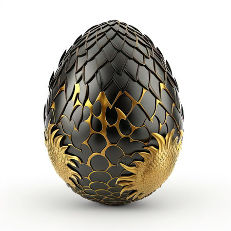 Dragon Egg Isolated, Black and Gold Scaled Fantasy Eggs, Dinosaur Fossil, Magic Dragon Egg on White Background, Abstract Generative AI Illustrationの素材