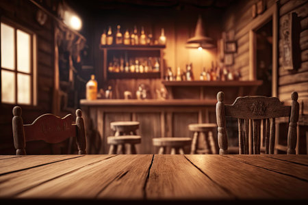 Wild West Wood Table on Blurred Background, Saloon Table Mockup, Old Pub Bar for Montage Product Display, Dark Brown Perspective Wooden Template, Generative AI Illustrationの素材