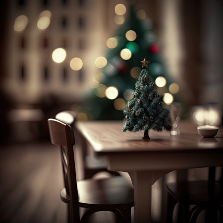 Wood Table on Blurred Christmas Tree Background, Festive Romantic Evening Mockup, Dark Wood Empty Table Top for Montage Product Display, Generative AI Illustrationの素材