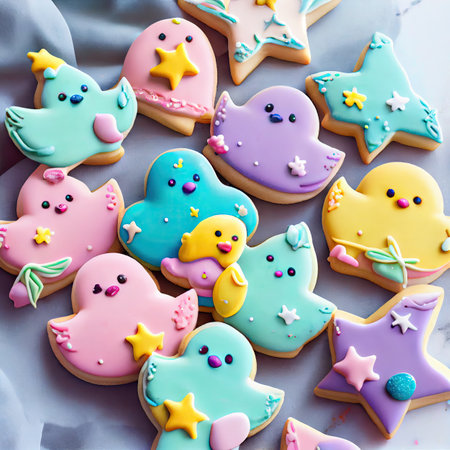 Easter Eggs Cookies with Royal Icing, Biscuit Color Eggs for Easter Design, Abstract Generative AI Illustrationの素材