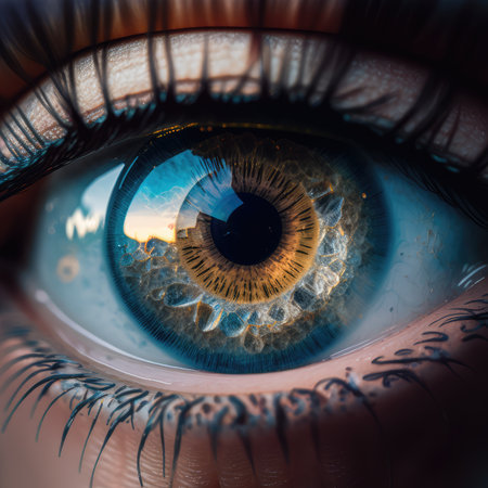 Macro Eye Iris, Transparent Shiny Bright Iris Closeup, Beautiful Rainbow Eyes, Macro Photo Imitation, Generative AI Illustrationの素材