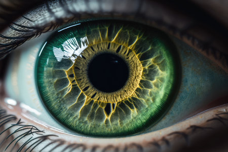 Macro Eye Iris, Transparent Shiny Bright Iris Closeup, Beautiful Green Eyes, Macro Photo Imitation, Generative AI Illustrationの素材