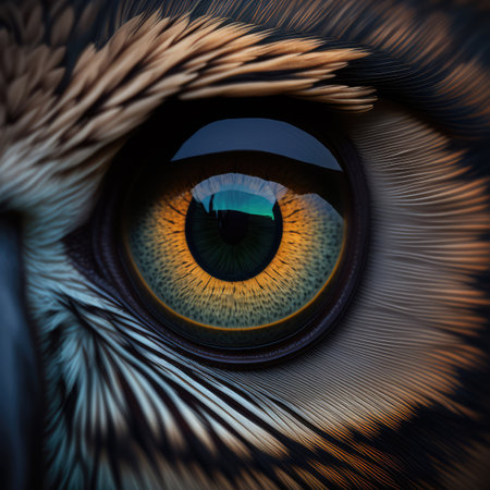 Macro Animal Eye Iris, Transparent Shiny Owl Iris Closeup, Beautiful Rainbow Eyes, Macro Photo Imitation, Generative AI Illustrationの素材