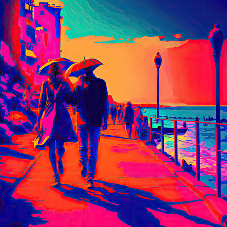 A Couple Strolls along the French Embankment, Bright Colors, Modern Art Drawing Imitation, Vintage Painting, Abstract Generative AI Illustrationの素材