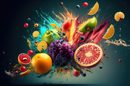 Fruit Taste Explosion, Advertising Product Concept, Scattering Flying Different Fruits, Berry Burst, Abstract Generative AI Illustrationの素材