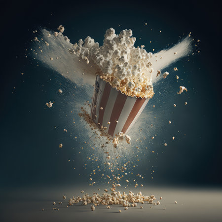 Popcorn Explosion, Flying Pop Corn, Emotions Impressions, Cinema Concept, Popcorn Drawing Imitation, Abstract Generative AI Illustrationの素材