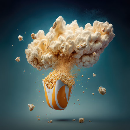 Popcorn Explosion, Flying Pop Corn, Emotions Impressions, Cinema Concept, Popcorn Drawing Imitation, Abstract Generative AI Illustrationの素材