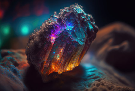Rainbow Crystal, Titanium Color Stone, Rainbow Gem, Cyber Crystal on Black Background Generative Ai Illustrationの素材
