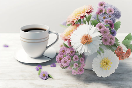 Coffee Cup on White Table Background, Cozy Morning Coffee Mug, Sweets, Copy Space, Abstract Generative AI Illustrationの素材