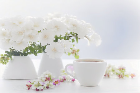 Coffee Cup on White Table Background, Cozy Morning Coffee Mug, Sweets, Copy Space, Abstract Generative AI Illustrationの素材