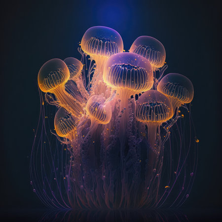 Fantasy Glowing Jellyfish, Bright Underwater Creature, Abstract Jelly Fish, Neon Animal Generative AI Illustrationの素材