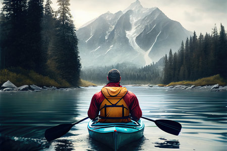 Kayaking in Mountains, Single Tourist in Kayak, Mountain Lake, Vintage Painting, Canoe in River, Abstract Generative AI Illustrationの素材