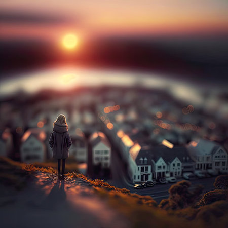Lonely Child Looks at the City from Hill, Sad Small Girl at Sunset Drawing Imitation, Abstract Generative AI Illustrationの素材