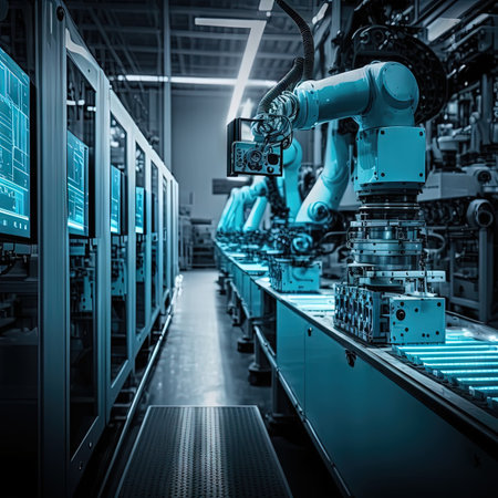 Modern Factory Conveyor, Automated Manufacturing Line, Smart Machine, Drawing Imitation, Abstract Generative AI Illustrationの素材