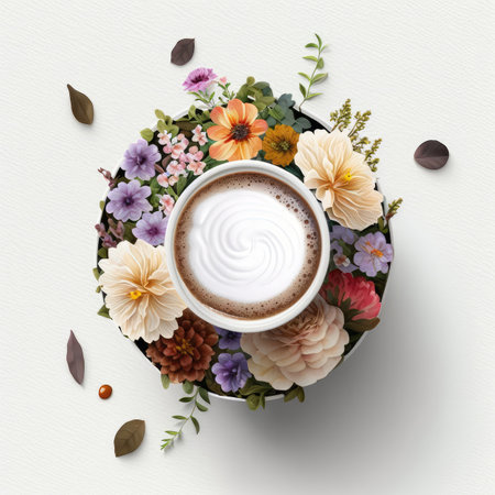 Coffee Cup Top View Flat Lay, Cozy Breakfast, Flower Morning Coffee Mug, Copy Space, Abstract Generative AI Illustrationの素材