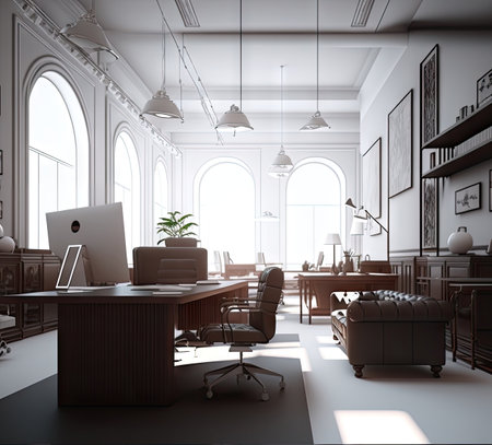 Modern Office Interior, Contemporary Loft, Business Space Design, Business Center, Coworking Drawing Imitation, Abstract Generative AI Illustrationの素材