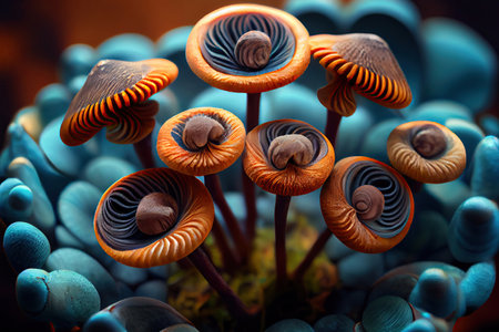 Fantastic Glowing Mushrooms, Neon Fungus, Magic Psychedelic Mushroom on Black Background, Generative AI Illustrationの素材