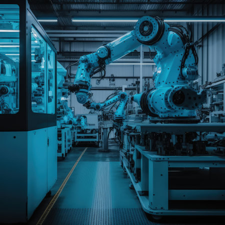 Modern Factory Conveyor, Automated Manufacturing Line, Smart Machine, Drawing Imitation, Abstract Generative AI Illustrationの素材