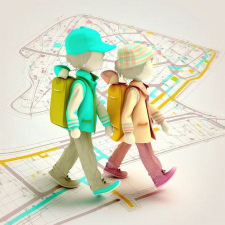 Children Go on Map, Orientation, Navigation, Travel, Road Concept, Gps, Cartography Metaphor, 3d Imitation, Abstract Generative AI Illustrationの素材