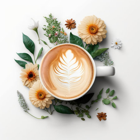 Coffee Cup Top View Flat Lay, Cozy Breakfast, Flower Morning Coffee Mug, Copy Space, Abstract Generative AI Illustrationの素材