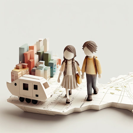 Children Go on Map, Orientation, Navigation, Travel, Road Concept, Gps, Cartography Metaphor, 3d Imitation, Abstract Generative AI Illustrationの素材