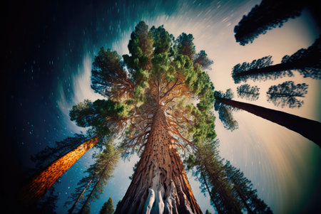 Sequoia Tree, Giant Pine in Nature Forest, Redwood Park with Sequoia Tree Drawing Imitation, Abstract Generative AI Illustrationの素材