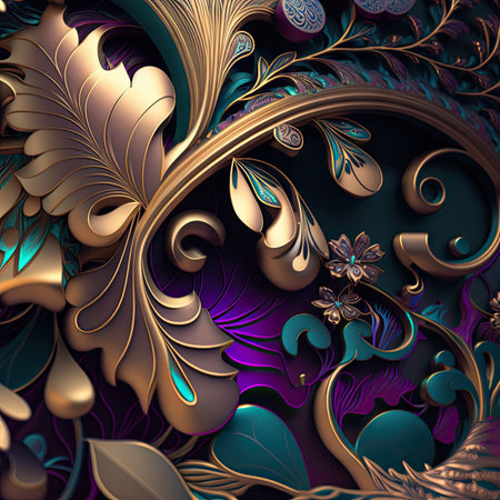 Ornate Gold Flowers Texture Pattern, Green Violet Carved Floral Ornament 3d Imitation, Abstract Generative AI Illustrationの素材