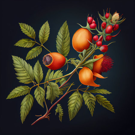 Rose Hip Flower Botanical Illustration, Wild Roses Flowers and Fruits, Rosehip Drawing Imitation, Abstract Generative AI Illustrationの素材