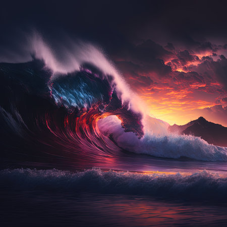 Big Sea Wave, Surf Concept, Ocean Waves at Red Sunset, High Tide, Storm, Big Sunny Sea Wave Abstract Generative AI Illustrationの素材
