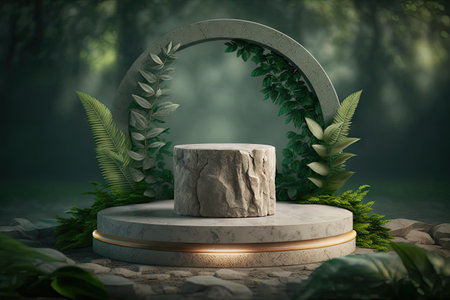 Stone Podium, Nature Product Display Platform, Green Leaves Background, Rock Jungle Pedestal, Concrete Stone Podium, Abstract Generative AI Illustrationの素材