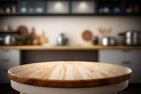 Light Wood Table on Blurred Kitchen Background, Modern Wooden Table Mockup for Montage Product Display, Light Brown Perspective Wooden Countertop Template, Generative AI Illustrationの素材