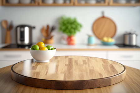Light Wood Table on Blurred Kitchen Background, Modern Wooden Table Mockup for Montage Product Display, Light Brown Perspective Wooden Countertop Template, Generative AI Illustrationの素材
