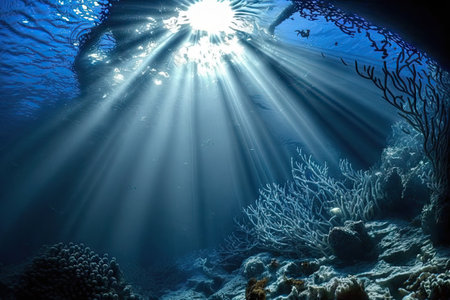 Underwater Sun Rays, Deep Water Sunlight, Under Sea Sunbeams Background, Blue Ocean Bottom Sun Rays Abstract Generative AI Illustrationの素材