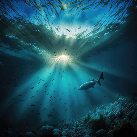 Underwater Sun Rays, Deep Water Sunlight, Under Sea Sunbeams Background, Blue Ocean Bottom Sun Rays Abstract Generative AI Illustrationの素材