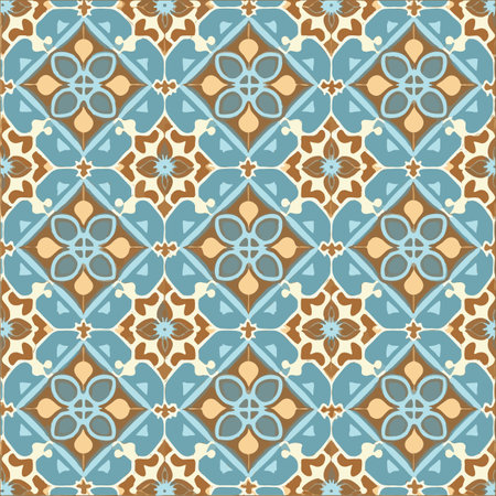 Retro Azulejo Mosaic Tile, Vintage Portuguese Wall Ceramic Seamless Pattern, Old Blue Tiles Background, Abstract Flower Tileのイラスト素材