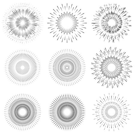 Vintage Sun Ray Vector Icon, Sunburst, Retro Bursting Sun Rays, Black and White Star Pictograph, Speed Line Fast Motion, Sunset Beams Set, Vector Illustrationのイラスト素材