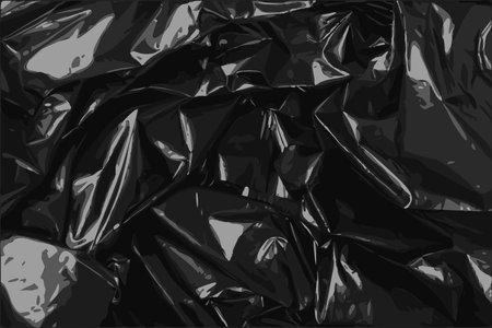 Crumpled Garbage Bag Texture Background, Wrinkled Trash Package Pattern, Used Plastic Bin Bags Mockup, Black Polyethylene Waste Container with Copy Space, Vector Illustrationのイラスト素材