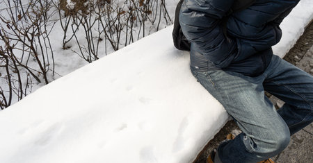 Wooden Bench in Snow, Frozen Winter Park, Outdoor City Architecture, Snowy Wooden Benches, Empty Plank Seat in Snowfall, Seasonal Travelの写真素材