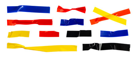 Colored Electrical Sticky Tapes, Adhesive Pieces Isolated, Plastic Duct Tape Strips, Colorful Adhesive Tapes on White Backgroundの写真素材