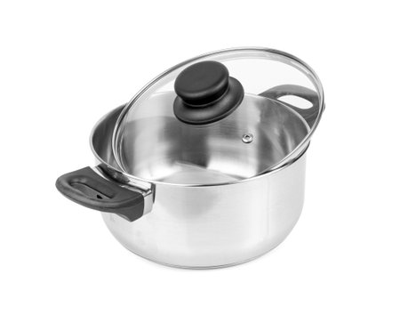 New cooking pot isolated. Metal saucepan with glass lid, soup kitchenware, shiny stainless cooking pot on white background, clipping pathの写真素材