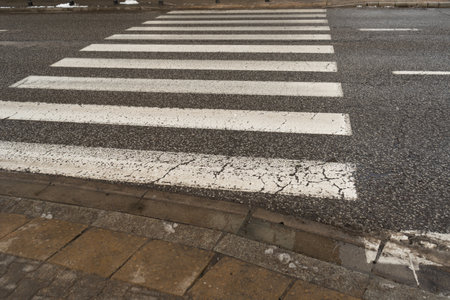 Paved Pedestrian Crossing, Red White Crosswalk, Safety Zebra on Modern Tiles Pathwayの写真素材