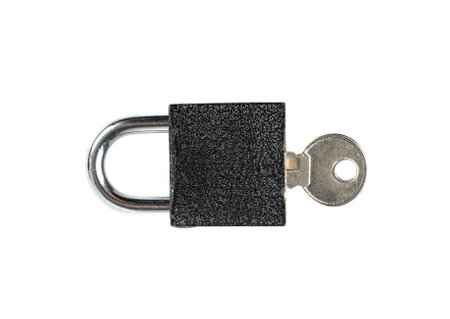 Closed Lock Isolated, Locked Black Padlock with Key on White Background, Metallic Locker, Privacy, Security Concept, Clipping Pathの写真素材