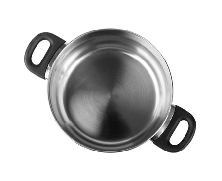 New open cooking pot isolated, Empty metal saucepan, soup kitchenware, shiny stainless cooking pot on white background, top view, clipping pathの写真素材
