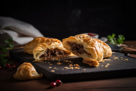 Argentine Meat Pastries, Beef Filled, Cheese Stuffed Pie, Baked Empanadas, Argentine Meat Pastries, Abstract Generative AI Illustrationの素材