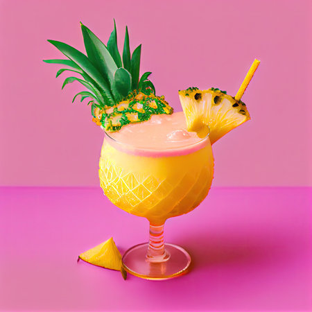 Ananas Margarita Cocktail on Pink Background, Pineapple Tropical Mocktail, Beach Party Coctail, Summer Bar Drink Drawing Imitation, Abstract Generative AI Illustrationの素材