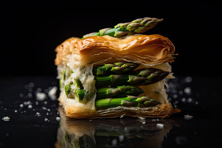 Asparagus Puff Pastry, Baked Vegetable Pastries, Vegetarian Pie, Baking Asparagus Tart Meal, Abstract Generative AI Illustrationの素材