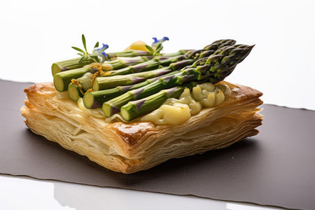 Asparagus Puff Pastry Isolated, Baked Vegetable Pastries, Vegetarian Pie, Baking Asparagus Tart Meal Top View, Abstract Generative AI Illustrationの素材