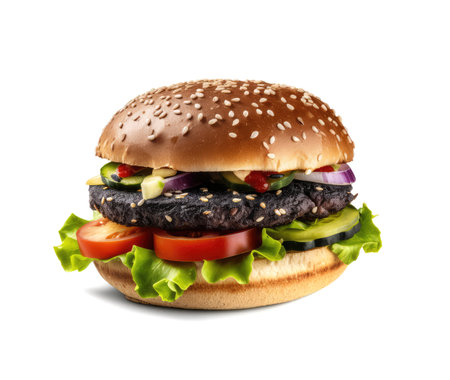Black Burger Isolated, Black Cheeseburger, Bread Bun with Grilled Meat and Cheese, Abstract Generative AI Illustrationの素材